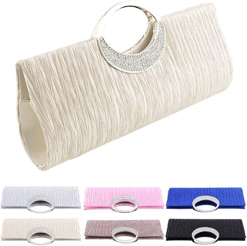Rhinestone Satin Pleated Evening Clutches Bridal Wedding Handbag Purse Evening Bags...