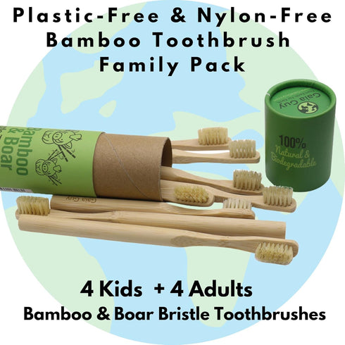 Gaia Guy Natural Bristle Bamboo Toothbrush Family Pack (NO Nylon - Boar Hair ONLY) - Totally Compostable & Biodegradable Boar Bristle and Bamboo T...