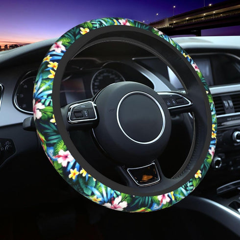 Pink White Hawaiian Flowers Car Accessories Cute Floral Steering Wheel Cover Women Soft Elastic Comfortable Car Steering Wheel Covers Protector Un...