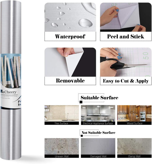 LaCheery 24x160in Silver Stainless Steel Backsplash Contact Paper Metal Texture Interior Vinyl Film Waterproof Countertop Self Adhesive Laminate S...