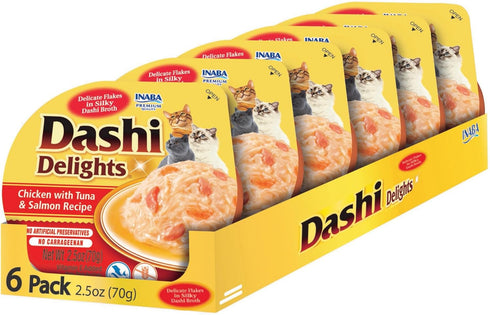 INABA Dashi Delights for Cats, Shredded Chicken with Bonito Flake Broth, 2.5 Ounce Cup, 6 Cups Total, Chicken with Tuna & Salmon Recipe...