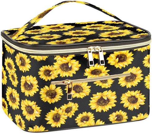 FITINI Travel Sunflower Makeup Bag Cosmetic Bag with Zipper,Large Capacity Waterproof Toiletry Organizer Bag for Women Purse With Handle Zipper Br...