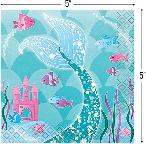Mermaid Design Beverage Napkins (Pack of 16) - Enchanting Designs Perfect for Under-the-Sea Themed Parties & Celebrations...