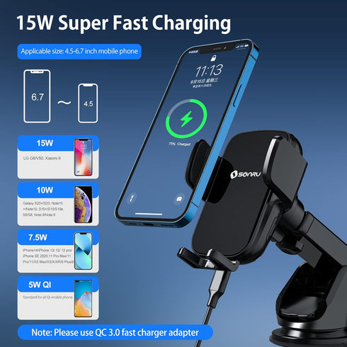 Wireless Car Charger Mount, 15W Fast Charging Auto-Clamping Car Phone Holder, Windshield Dashboard Air Vent Car Charging Holder for iPhone Samsung...