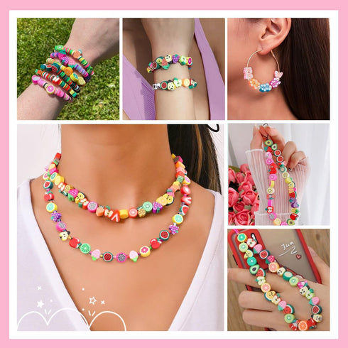 Gionlion 1000PCS Polymer Clay Beads Bracelet Making kit, 24 Style Cute Fun Fruit Flower Rainbow Animal Heart Star Beads Charms for Jewelry Necklac...