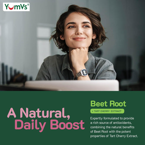YumVs Beet Root Gummies with Tart Cherry Extract - Berry Flavor Beetroot Gummies - Beet Chews for Blood Circulation and Antioxidant Support - Red ...