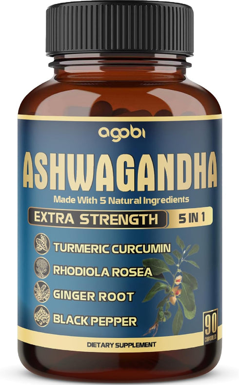 Ashwagandha Extract Capsule - Great Strength - 5in1 Blended Ginger, Turmeric, Rhodiola Rosea & Black Pepper - 90 Capsules for 3 Months - Strength,...
