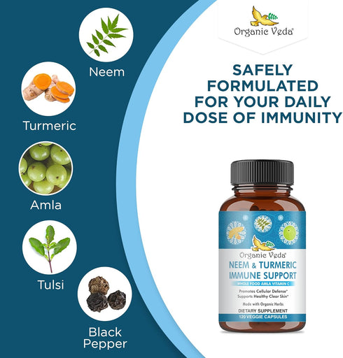 Organic Veda Neem & Turmeric Capsules with Amla Fruit, Tulsi, Holy Basil, Black Pepper Extract - Immune Support Dietary Supplement - Boosts Health...