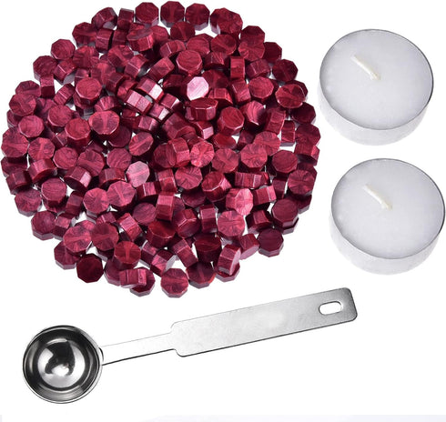 HESTYA 230 Pieces Octagon Sealing Wax Beads Sticks with 2 Pieces Tea Candles and 1 Piece Wax Melting Spoon for Wax Stamp Sealing (Wine Red)...