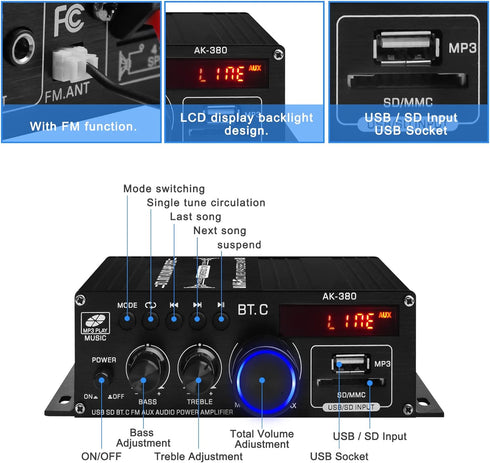 Bluetooth 5.0 Audio Power Amplifier AK-380 400W+400W 2.0 CH HiFi Stereo Amp Receiver with USB,SD,AUX,Remote Control,FM Antenna for Car Home Speake...