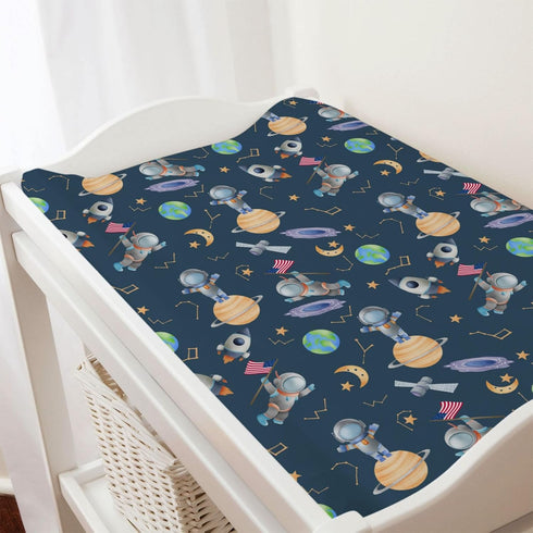 Cartoon Outer Space Galaxy Ship Astronaut Changing Pad Cover Cute Spaceman Moon Stars Changing Table Sheets for Baby Boy Girl Soft Breathable Stre...