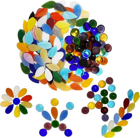 Mixed Color Petal Glass Mosaic Tiles, Water Drop Stained Mosaic Glass Pieces with Round Flat Glass Gems for Crafts...