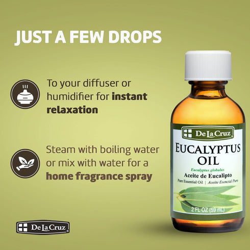 De La Cruz Eucalyptus Essential Oil Aromatherapy for Diffuser or Humidifier, 100% Pure Steam Distilled Eucalyptus Globulus 4 FL OZ...