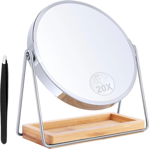 B Beauty Planet 20X Magnifying Mirror with Bamboo Base, Double Sided Magnifying Mirror with 20X/1X Magnification, 360° Swivel Tabletop Mirror with...