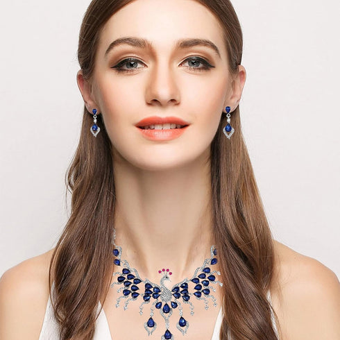 Peacock Necklace Earrings Jewelry Set for Women Austrian Crystal Enamel Peacock Necklace Set Fashion Banquet Accessories Gift (Blue set)...