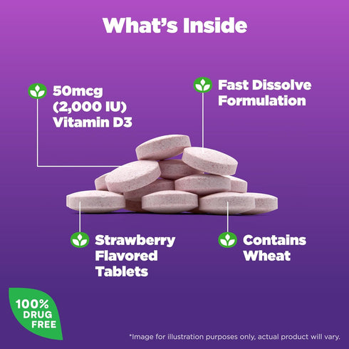 Natrol Fast Dissolve Vitamin D3 2,000 IU, Dietary Supplement for Bone and Joint Health, Bone Support Supplement, 90 Tablets, 90 Day Supply...