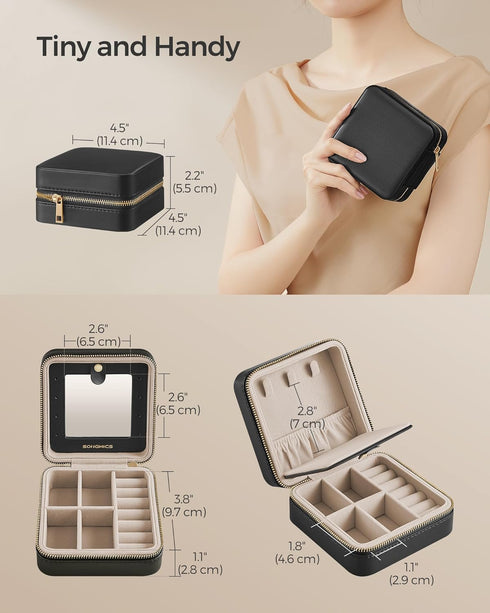 SONGMICS Jewelry Box, 4.5 x 4.5 x 2.2 Inches Travel Jewelry Box with Interior Mirror, PU Leather Jewelry Storage for Women, Small Jewelry Organize...