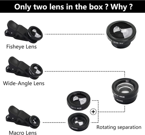 YACSEJAO 3 in 1 Cell Phone Camera Lens Kit Portable Cell Phone Camera Lens Super Wide Angle Lens Macro Lens Fisheye Lens Clip for Smartphones and ...