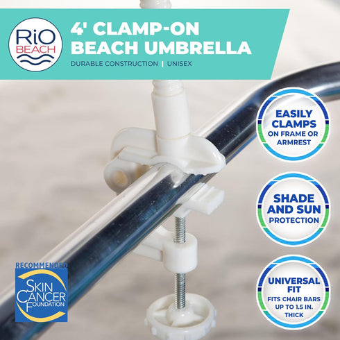 Rio Brands Wave Beach 4' Adjustable Clamp-On Beach Umbrella and Sun Shade, Lightweight Polyester Umbrella with Clamp for Chair...