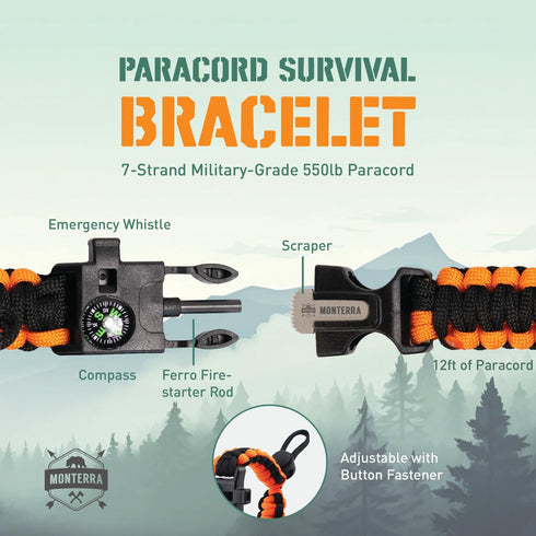 Paracord Survival Bracelet, 3 Pack, Adjustable, Firestarter, Compass, Whistle, Emergency Gear, Camping Accessories, Hiking Essentials, Trekking Ad...