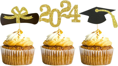 24 Pack 2024 Graduation Cupcake Topper Congrats Grad Cake Topper with Diploma, 2024, Grad Cap for Graduate Party Decorations Supplies...