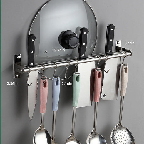 ASkinds Utensil Hanging Rack Stainless Steel Rail Hanger Rod Wall Mounted Pot Pan Lid Holder Cookware Storage Organizer with Sliding Hooks for Kit...