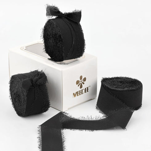 MEEDEE Black Chiffon Ribbon 1 Inch Frayed Ribbon Chiffon Silk Ribbon Black Fringe Ribbon Thin Chiffon Ribbons for Crafts, Gift Wrapping, Wedding I...