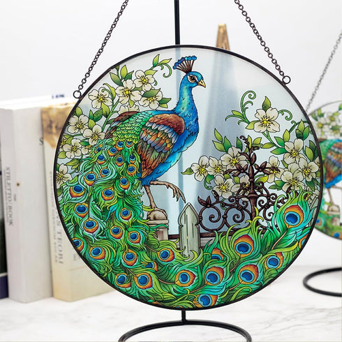 Peacock Stained Glass Suncatcher Window Wall Hanging Decor Ornament 6.5''*6.5'', Hand-Painted Sun Catcher Glass Panel Decor Art Home Garden Decor ...