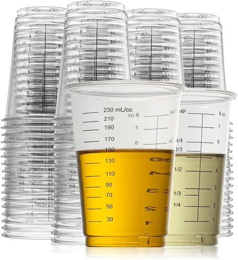 Prestee 50 Disposable Measuring Cups 8 oz - Plastic Paint Measuring Cups and Disposable Mixing Cups for Epoxy Resin - Versatile, Clear Measurement...