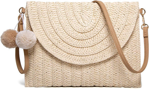 Straw Shoulder Bag Straw Clutch Women Hand-woven PomPom Straw Crossbody Bag Summer Beach Envelope Purse Wallet...