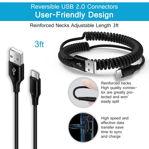 Samsung S24 Ultra Coiled USB C to USB A Cable Fast Charging for Galaxy S24+/S23/S22/S21,A14/A54,3FT Retractable Android Phone Car Charger Cord for...