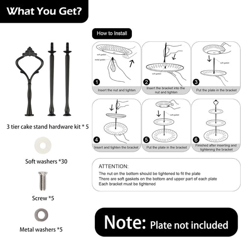 3 Tier Cake Stand Fitttings Kits Fruit Cake Plate Handle Fitting Cupcake Hardware Rod Stand Holder Black Crown 5 Sets?Plate not Included?...