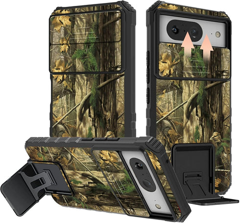 for Google Pixel 8 Pro Phone Case with Slide Camera Cover Built-in Kickstand Camouflage Tree Design for Women Men Dual Layer Hybrid Hard PC & Soft...