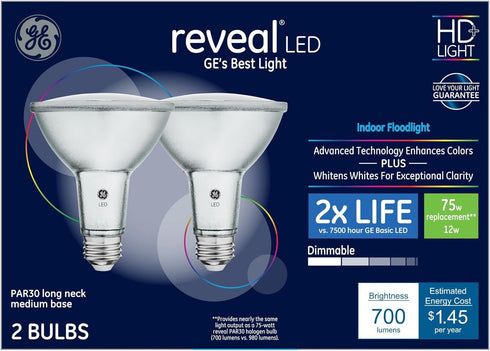 GE Reveal 2-Pack 75 W Equivalent Dimmable Flood Color-enhancing Par30 Longneck LED Light Fixture Light Bulbs...