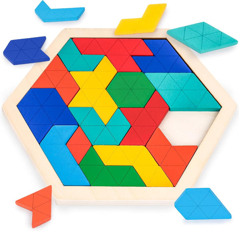 3 otters Wooden Hexagon Puzzles, Brain Teaser Blocks for Kids Montessori Educational Toys Shape Pattern Block for All Ages Boys Girls...