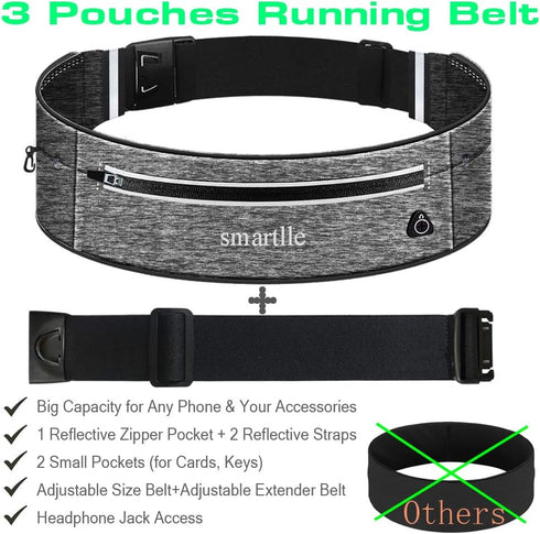 Running Belt Fanny Pack, Adjustable Waist Pack Reflective Fitness Workout Belt Fits with 3 Pouches for All Mobile Phones?Fitness Workout Belt in R...