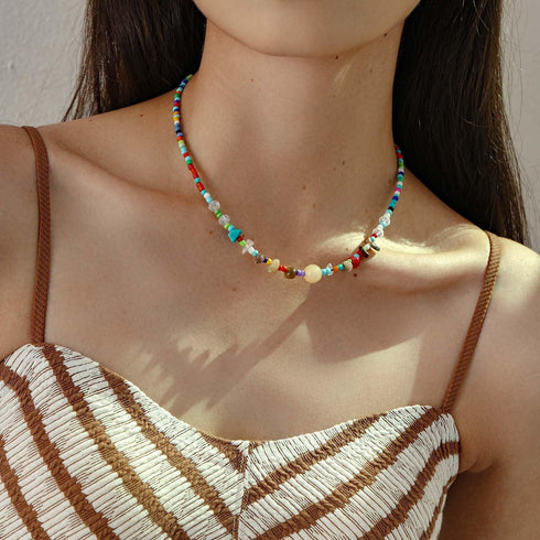 Beaded Necklace for Women, Colorful Gemstone Choker Necklaces Boho Cute Necklace Handmade Crystal Summer Beach Jewelry for Teen Girls...