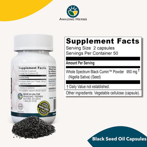 Amazing Herbs Whole Spectrum Black Seed Original Plain, Vegetarian Capsules - Gluten Free, Non GMO, Cold Pressed Nigella Sativa Aids in Digestive ...