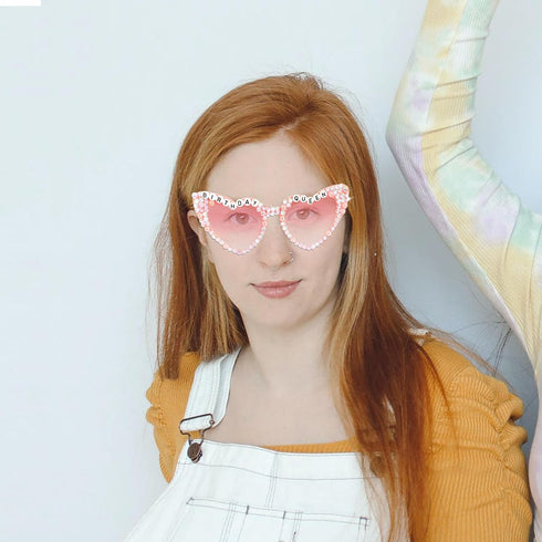 Birthday Glasses for Women, Birthday Queen Sunglasses Pink Heart Shaped Shiny Bling Diamond Pearl Sunglasses for Girl Happy Birthday Party Gift Su...