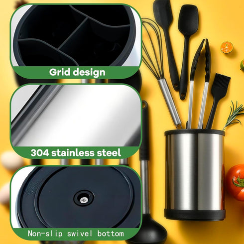 Kitchen Utensil Holder for Countertop, 360°Rotating Cooking Utensil Crocks?4 Compartment Stainless Steel Utensil Holder,6.7”Large Utensil Crock Sp...