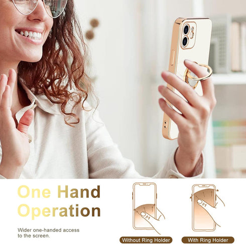 for iPhone 12 Phone Case with 360° Rotatable Finger Ring Holder Kickstand Magnetic Shiny Gold Plated Edge for Women Men Shockproof Soft TPU Protec...