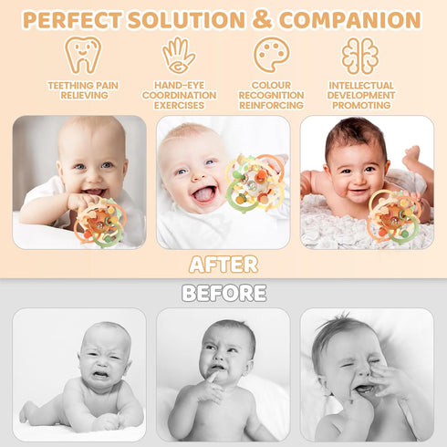 Orzbow Baby Sensory Teething Teether Toys, Infant Montessori Toys, Silicone Baby Rattle Balls Toys, Baby Chew Toys for 3-6-12-18 Months Sucking Ne...
