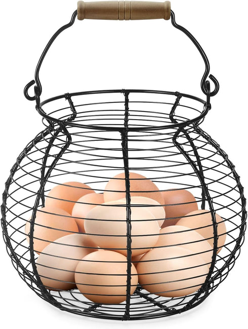 Flexzion Chicken Egg Basket Wire Egg Holder with Wooden Handles for Egg, Fruits, Vegetables Storage, Display Metal Mesh, Basket Holder Countertop ...