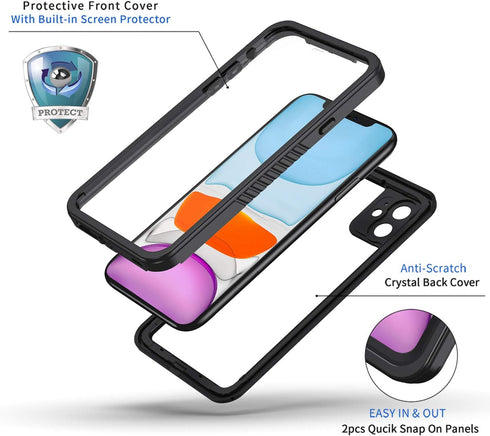 Lanhiem for iPhone 11 Case, IP68 Waterproof Dustproof Case with Built-in Screen Protector, Heavy Duty Full Body Protective Clear Back Phone Cover ...