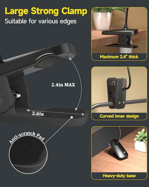 CUHIOY Desk Lamp Clip on Reading Light, USB-C Battery-Operated Rechargeable Table Lamps with Clamp for Dorm Home Office, 38LEDs Bed Headboard Ligh...