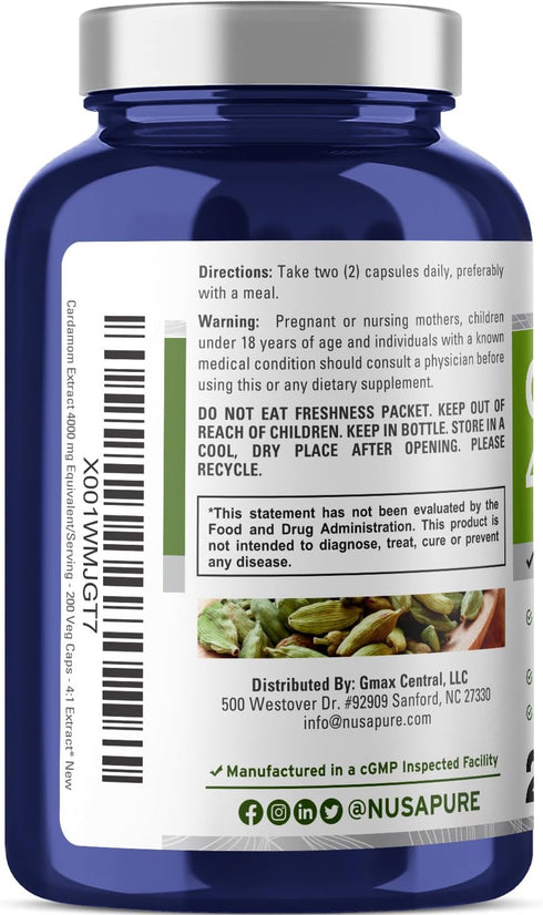 NusaPure Cardamom Extract 4000mg 200 Vegetarian Capsules (Non-GMO, Gluten Free)...