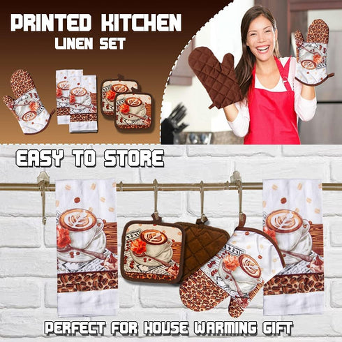 Lobyn Value Packs: 5-Piece Café Latte Kitchen Towel Set – Quilted Oven Mitt & 2 Potholders, Perfect for Coffee Lovers...