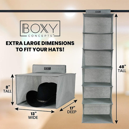 Boxy Concepts 6-Shelf Cowboy Hat Organizer Rack - 13in Wide X-Large Grey - Hat Rack for Wall Mount Hook & Loop - Soft Fabric Preserve Shape - Base...