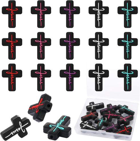 LIYDE 15 Pcs Religion Silicone Beads for Jewelry Making Jesus Faith Silicone Beads Bulk for Pens Silicone Beads with Box Cross Shaped Spacer Loose...