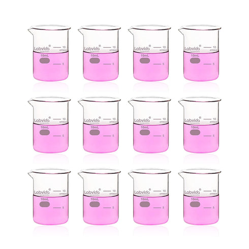 Upgrated 10ml Beaker set, 12pcs of beaker shot glasses, Low Form Glass Beakers set, 3.3 Boro with Printed Graduation, LVA036...